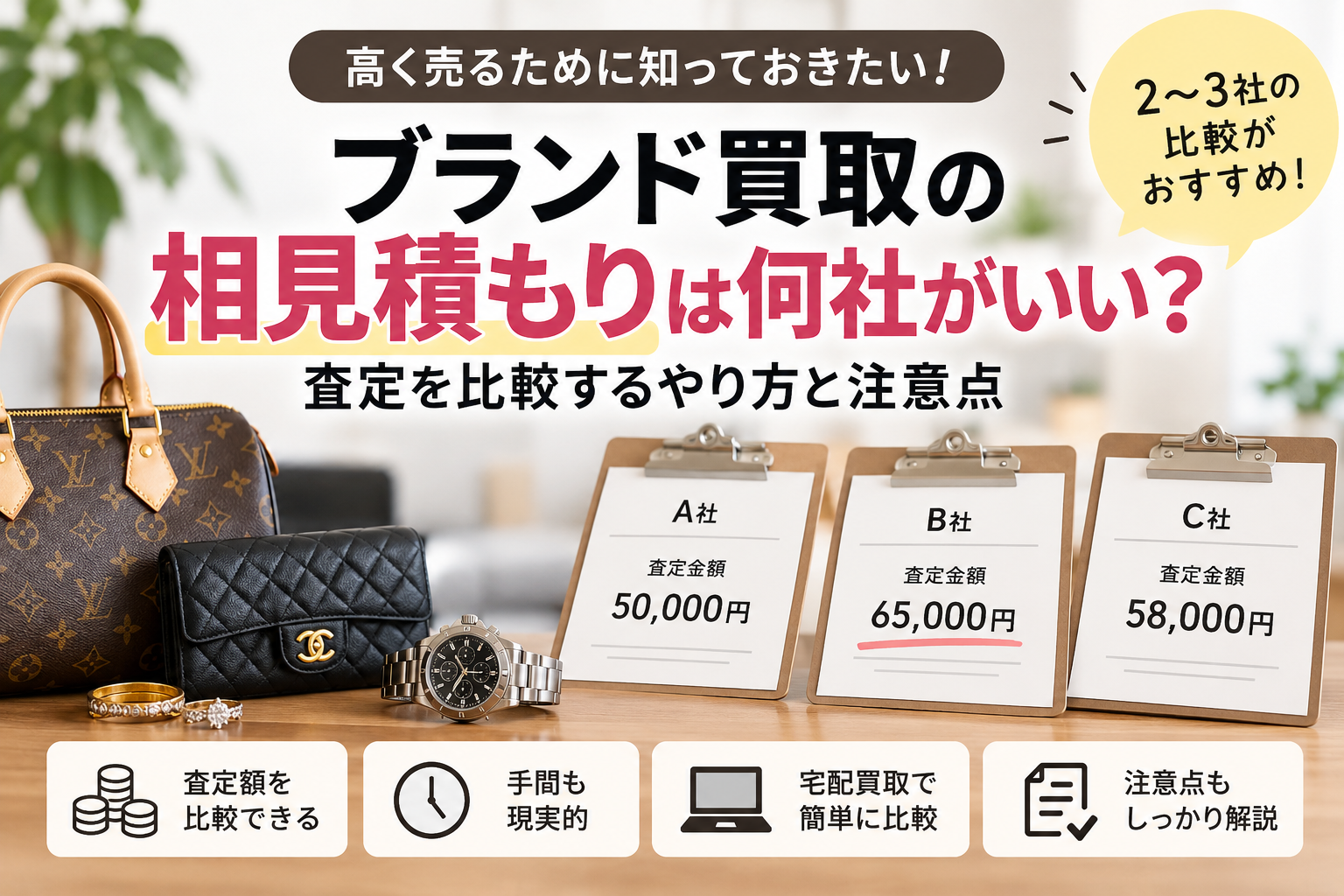 ブランド買取の相見積もりで3社の査定額を比較するイメージ